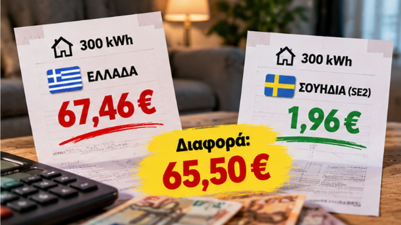 Ενδεικτική σύγκριση κόστους 300 kWh στη χονδρική αγορά: 67,46 ευρώ στην Ελλάδα και 1,96 ευρώ στη σουηδική ζώνη SE2.